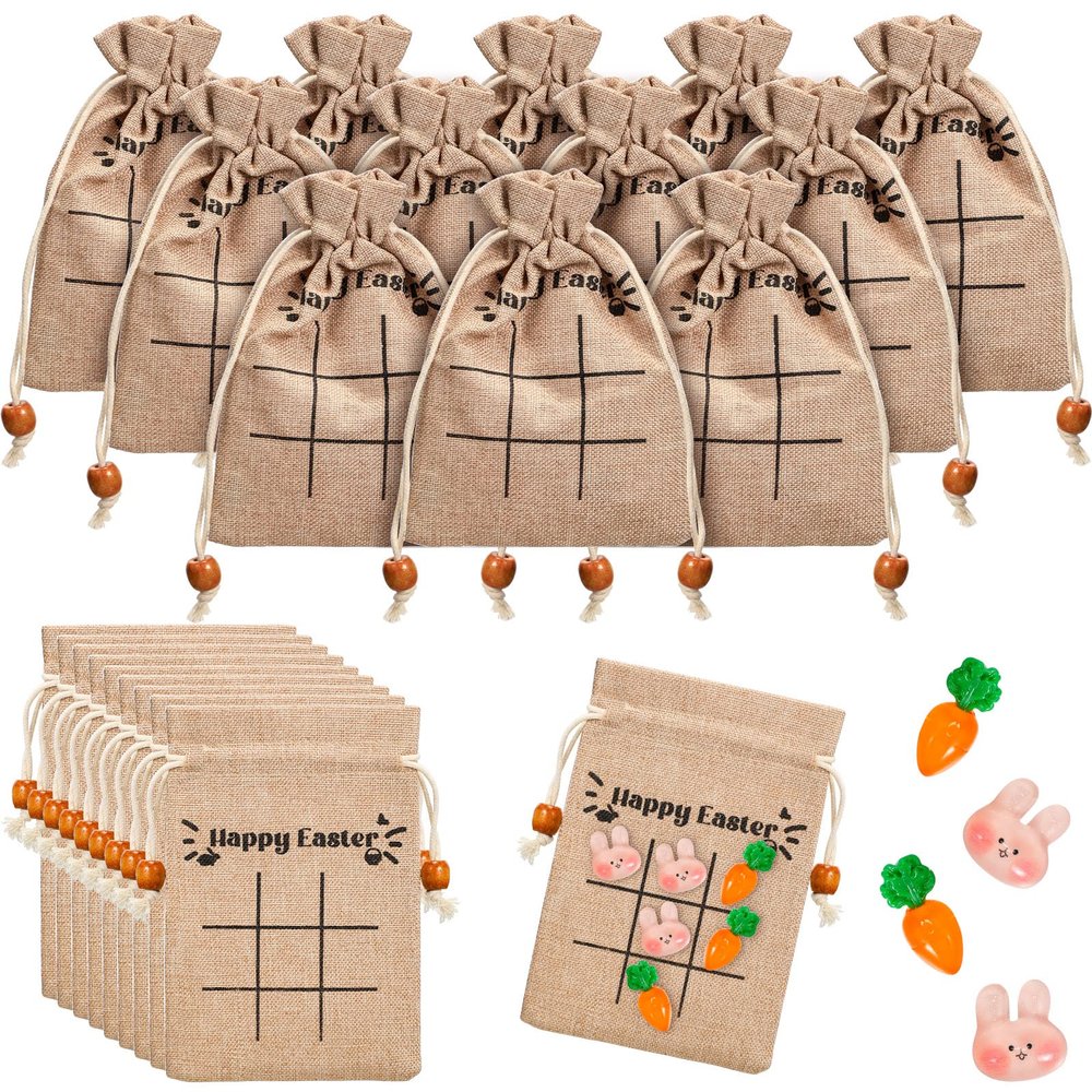 120 Pcs/ 12 Sets 360 Pcs/ 36 Sets Easter Themed Tic Tac Toe Include Mini Rabbit and Carrots Game Pieces Burlap Drawstring Gift Bags for Easter Games Classroom Party Supplies Goody Bag Fillers