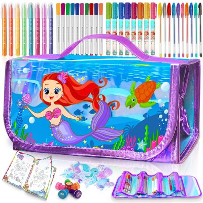 weirtoya 56 PCS Washable Scented Markers Set with Glitter Pencil Case, Mermaid Unicorn Arts and Crafts for kids 4-6-8 Kids Coloring Drawing Kits for 4-8 Years Old Girls Birthday Gifts (Mermaid, 56)