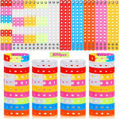 BBTO 100 Pcs Silicone Adjustable Rubber Wristbands Bulk Cute Colored Wristbands with Holes Swimming Identify Shoe Charms for Party Gift Birthday Decor, 10 Color(7 Inch)