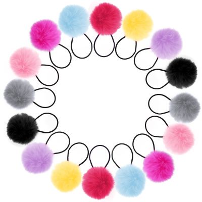 16PCS Elastic Hair Ties with Fluffy Pom Poms, 2 Inches Small Ponytail Holders for Toddler Girls and Pigtails, Baby Hair Accessories (8 Colors)