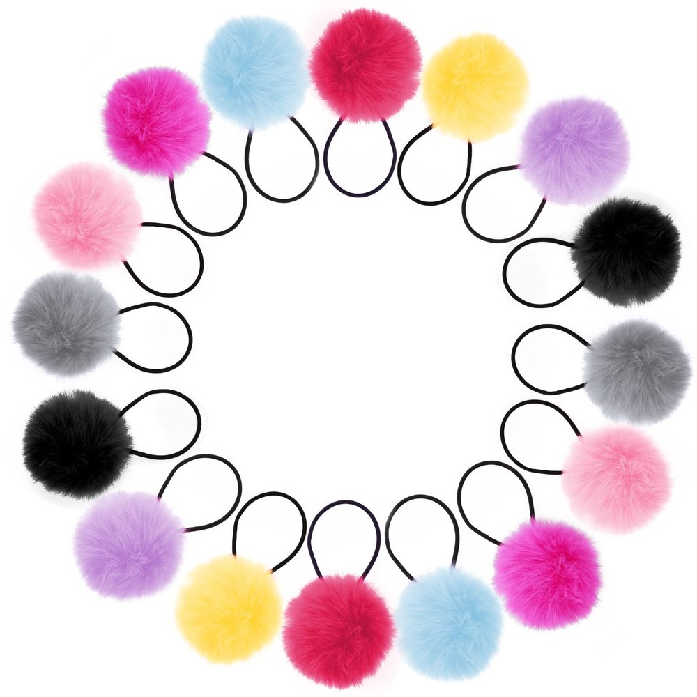 16PCS Elastic Hair Ties with Fluffy Pom Poms, 2 Inches Small Ponytail Holders for Toddler Girls and Pigtails, Baby Hair Accessories (8 Colors)