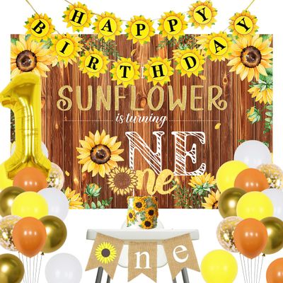 Our Little Sunflower 1st Birthday Party Decors - Sunflower Theme with Happy Birthday Banner, Backdrop, High Chair Banner, Cake Topper