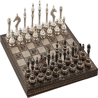 14" Handcrafted Russian Soviet Series Metal Chess Pieces & Board Set with Velvet Storage Box | Brass Metal Luxury Chess Set