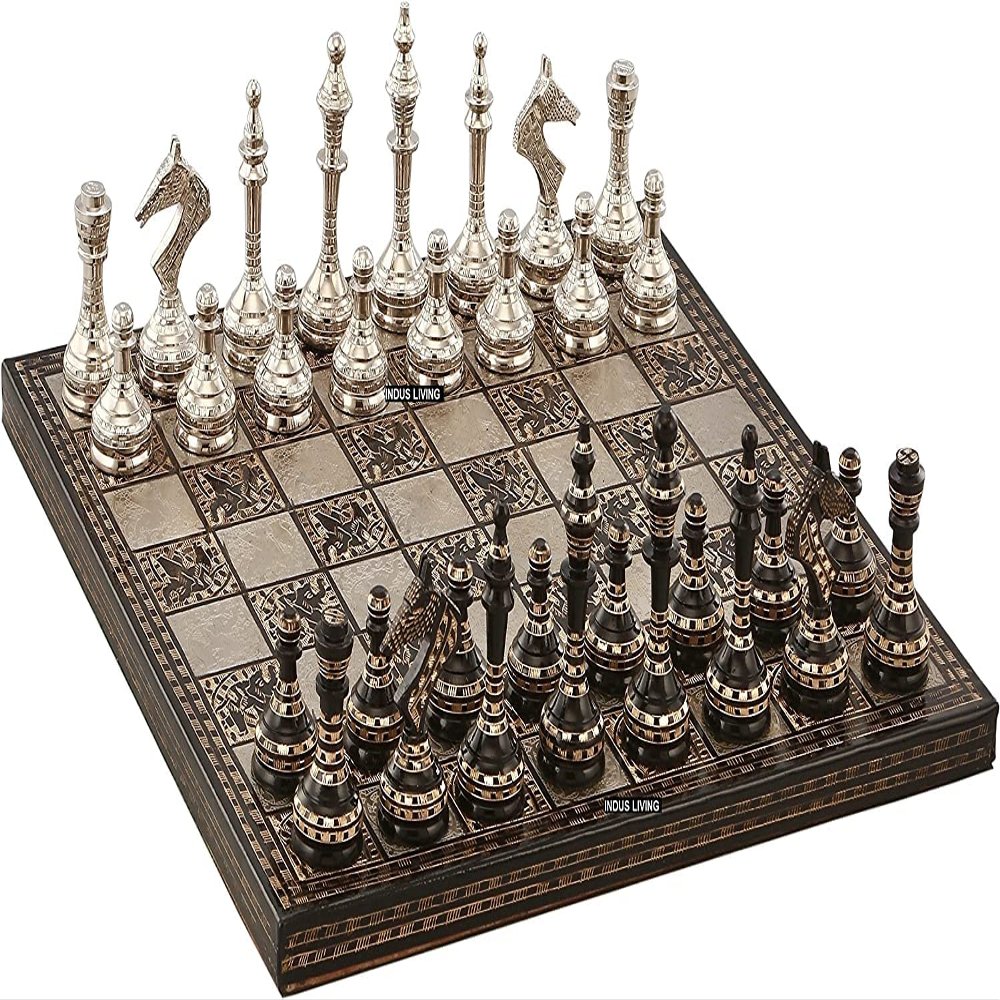 14" Handcrafted Russian Soviet Series Metal Chess Pieces & Board Set with Velvet Storage Box | Brass Metal Luxury Chess Set