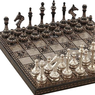 Aakrati Devyom 14'' Handcrafted Russian Soviet Series Metal Chess Pieces & Board Set With Velvet Storage Box | Brass Metal Luxury Chess Set