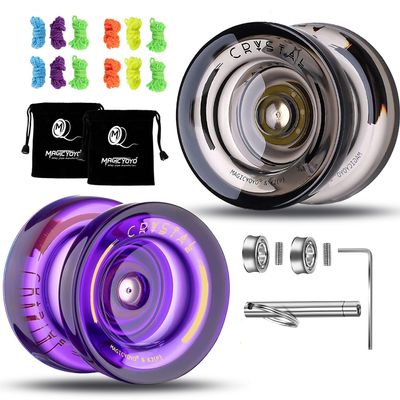 MAGICYOYO Yoyo K2 Crystal Pack of 2 Yoyos, Dual Function Responsive Yo Yo for Kids Beginner + Unresponsive Yo-yo Bearing Kit for Adults+12 Strings+2 Bags( Crystal Black+Purple)