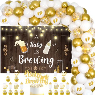A Baby is Brewing Baby Shower Decorations Beer - White and Gold Balloon Garland with Backdrop, Cake Topper, Diaper Party Decorations for Gender Reveal Pregnancy Celebration
