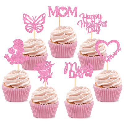 28Pcs Glitter Pink Happy Mother's Day Cupcake Toppers Mom Butterfly Rose Heart Cupcake Picks for Mother's Day Party Decoration Best Mom Birthday Cupcake Decorations