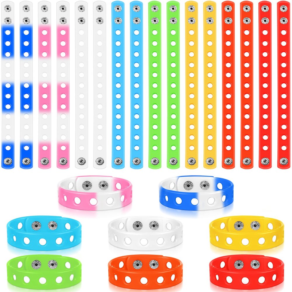 Honoson 24 Pcs Silicone Wristbands Cute Silicone Adjustable Wristbands Rubber Bands Bulk with Hole for Swimming Identify Shoe Birthday Presents, 8 Colors