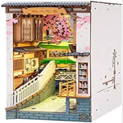 DIY Wooden Book Nook Shelf Insert Kits Miniature Dollhouse with Furniture Cherry Blossoms Bookends Toys Gifts,004,Constructive23