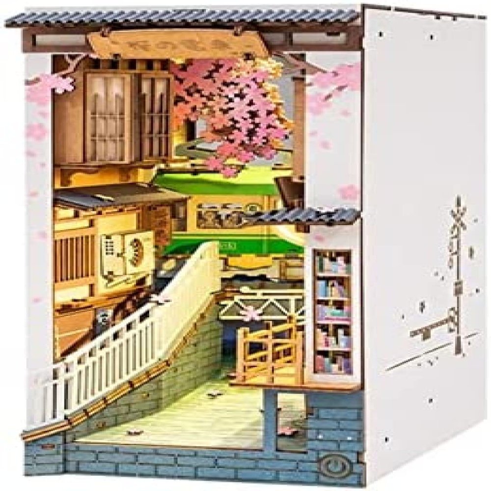 DIY Wooden Book Nook Shelf Insert Kits Miniature Dollhouse with Furniture Cherry Blossoms Bookends Toys Gifts,004,Constructive23