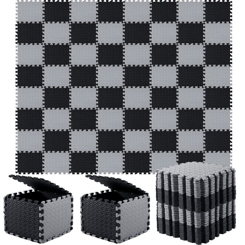 Shihanee Foam Floor Tiles Foam Floor Mats Play Mats Bulk with Borders Interlocking for Gym Nursery Bedroom(64ft,Black, Gray)