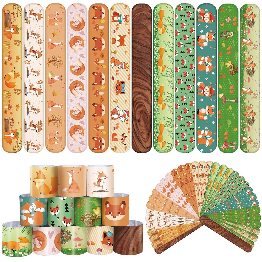 Fox Party Favors 48 PCS Forest Fox Slap Bracelets Cartoon Forest Animals Party Wristbands for Kids Boys Girls Woodland Party Supplies Birthday Party Baby Shower Carnival Prizes Gifts Classroom Rewards