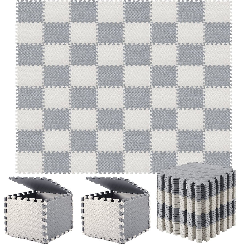 Shihanee Foam Floor Tiles Foam Floor Mats Play Mats Bulk with Borders Interlocking for Gym Nursery Bedroom(64ft,Gray, White)
