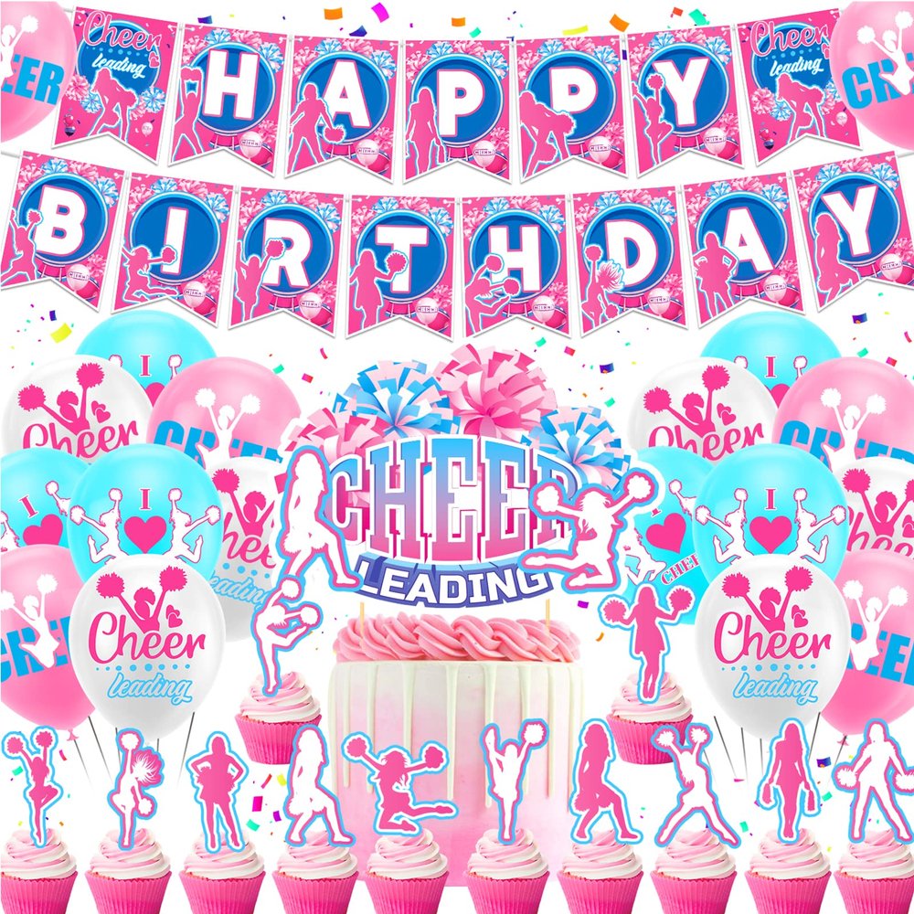 Cheerleading Birthday Party Decorations - Supplies Include Banner, Cake Cupcake Toppers, Balloons for Cheerleader and Gymnastics Party