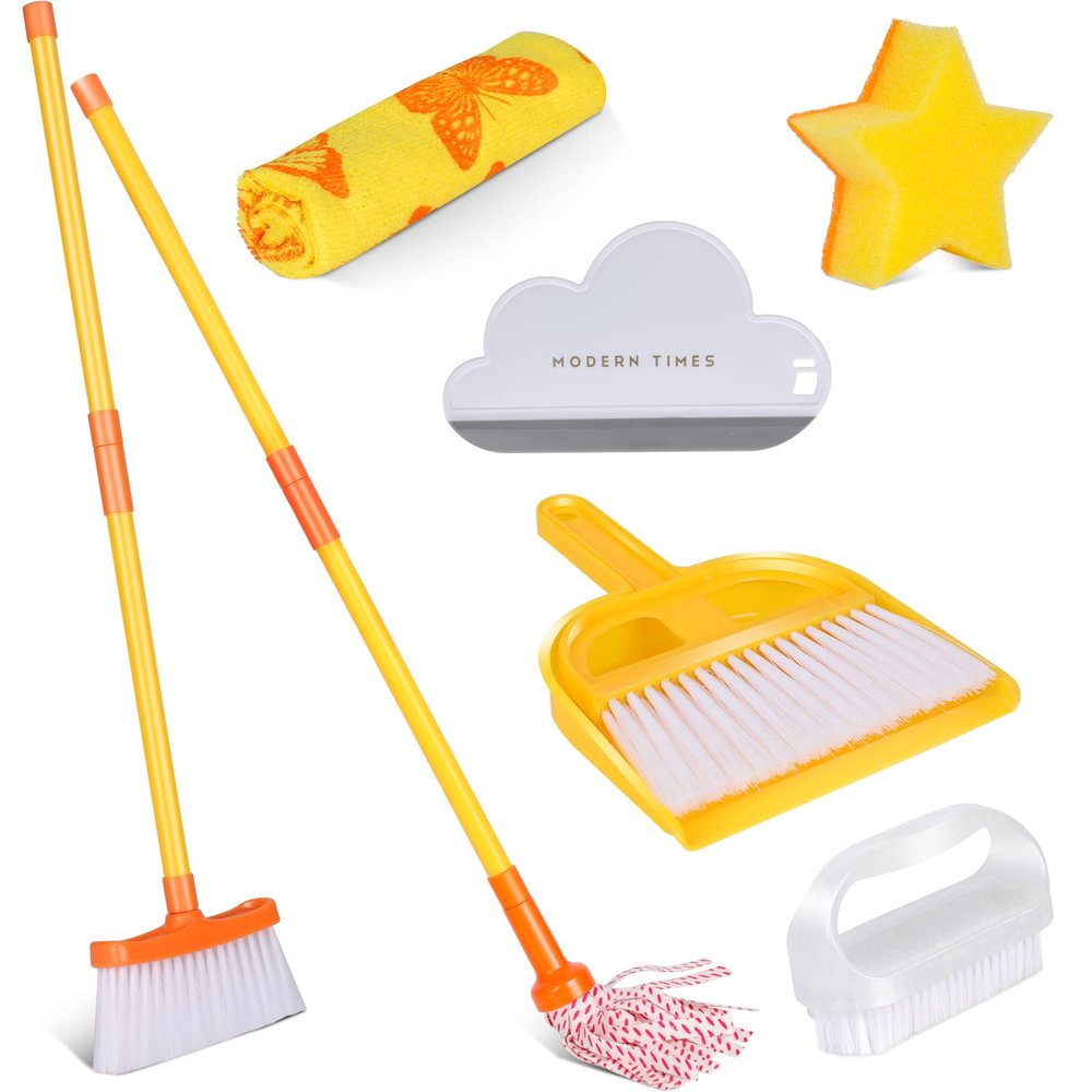 Masthome Kids Cleaning Set, 8 Piece Cleaning Toys Set, Includes Mop, Broom, Brush, Dustpan, Microfiber Cloth, Cleaning Sponge, Squeegee, Window Scraper, Pretend Play Toys for Girls Boys - Yellow