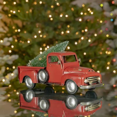 16" Distressed Red Pickup Truck with Christmas Tree