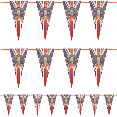 British Coronation Bunting - 20ft Card Union Jack Flag with King Charles III Triangular Bunting - United Kingdom King's Coronation Street Party Decoration