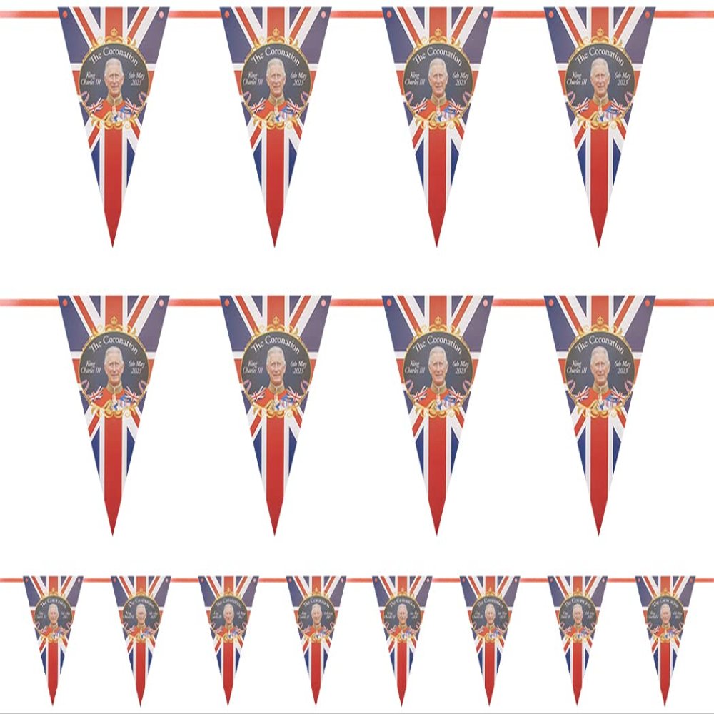 British Coronation Bunting - 20ft Card Union Jack Flag with King Charles III Triangular Bunting - United Kingdom King's Coronation Street Party Decoration