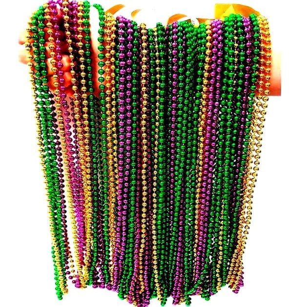 Dondor Festive Metallic Beaded Necklaces (144 Pack, GREEN, GOLD, PURPLE)