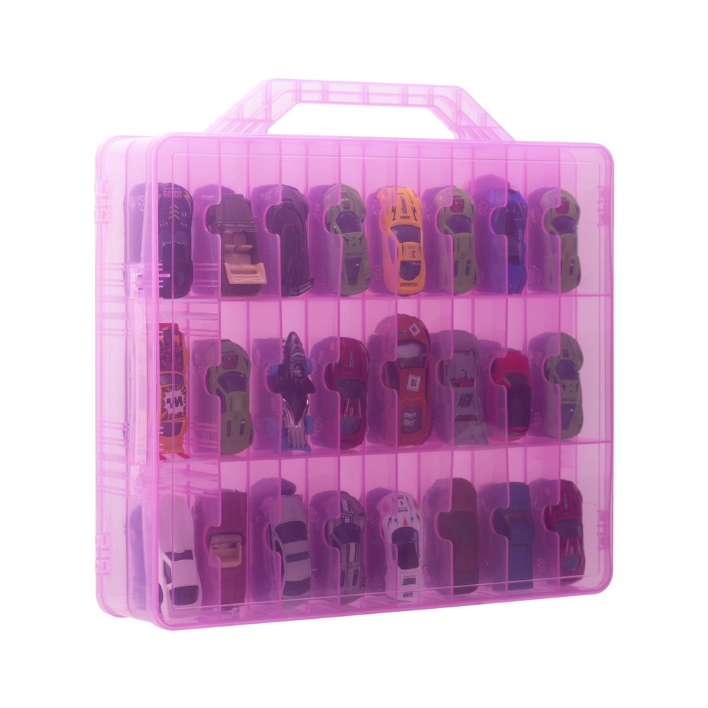 KISLANE Double Sided Toy Car Storage Case for 48 Cars, Pink, Rectangular, Plastic, Wall Mount, 13.4 x 11.8 inches