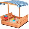 Kids Wooden Sandbox with Cover, Foldable Bench Seats, Retractable Roof, Outdoor Playset, Large Sand Pit with Lid (Natural Wood, Blue & White Striped Canopy, 48 Inch) view 1