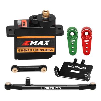 WOAEIUOS RC Servo EMAX ES08MAII Analog Servo 12G Steering Servo with Servo Mount Bracket and Arm and Steering Link Set for Axial SCX24 Upgrade Parts (Black)