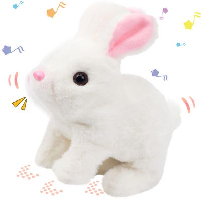 Hopearl Hopping Rabbit Interactive Electronic Pet Plush Bunny Toy with Sounds and Movements Animated Walking Wiggle Ears Twitch Nose Gift for Toddlers Birthday, White, 7''