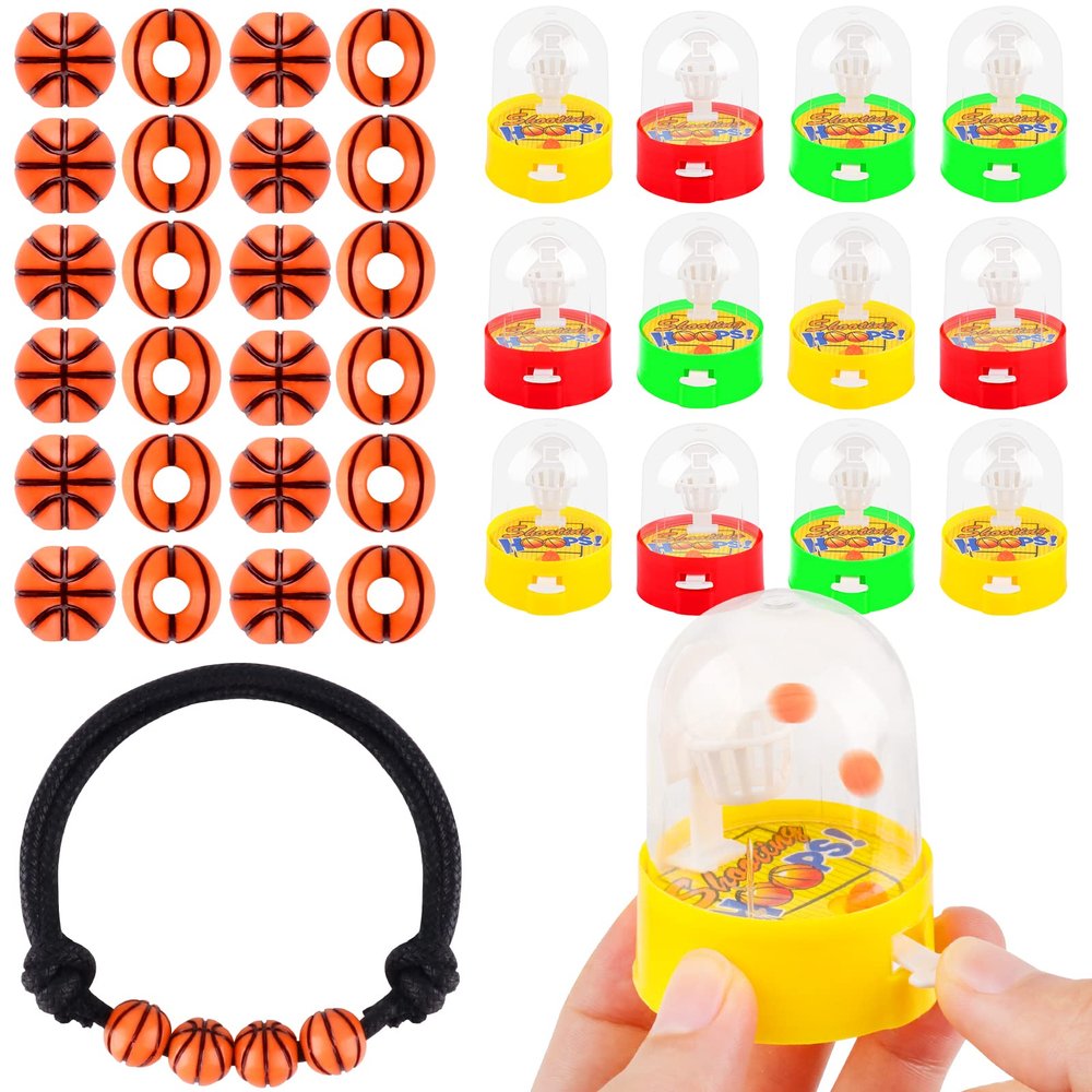 Waenerec 129 Pcs Basketball Party Favor Set Mini Basketball Shooting Games&Acrylic Basketball Sports Pony Beads 3mm 1.64 Yards Waxed Cord for Basketball Party Supplies Classroom Rewards Decorations