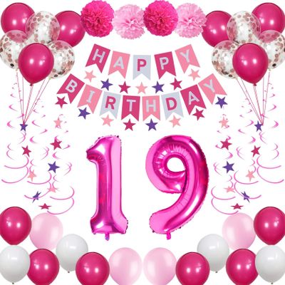 19th Birthday Decorations for Girls Women, Pink Happy Birthday Balloons Supplies Including 19 Pink Number Balloons, Star Streamers, Hanging Swirls