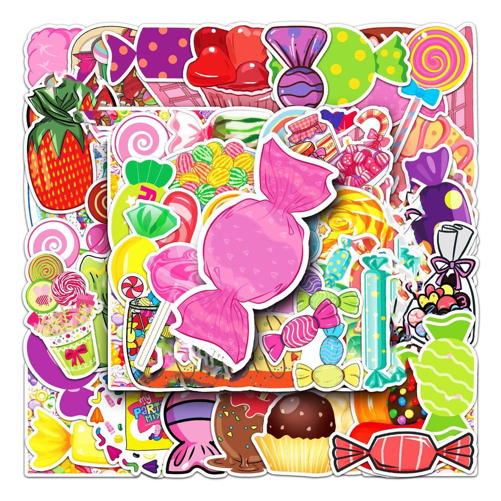 50pcs Colorful Candy Stickers Cute Desserts Lollipop Sticker for Water Bottle Laptop Skateboard Luggage Suitcase Computer Scrapbook Bike Cars, Waterproof Cartoon Sweetmeats Decals for Teens Kids Girls