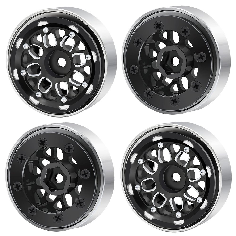 4pcs Beadlock Wheel Rims 1.0inches RC Crawler Beadlock Hubs for 1/18 TRX4M 1/24 Axial Scx24 Vehicles Car (Black)