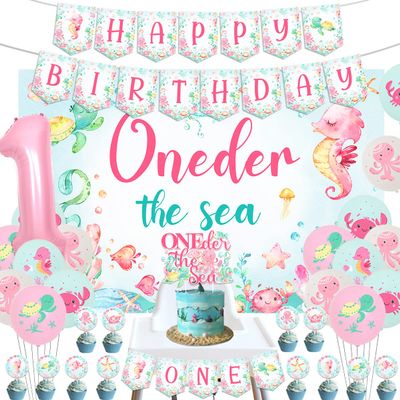 Oneder the Sea 1st Birthday Girl Decorations, Under the Sea Ocean Animal Happy Birthday Backdrop Banner High Chair Banner Cupcake Cake Topper Printed Balloons for One Year Old Girls Party