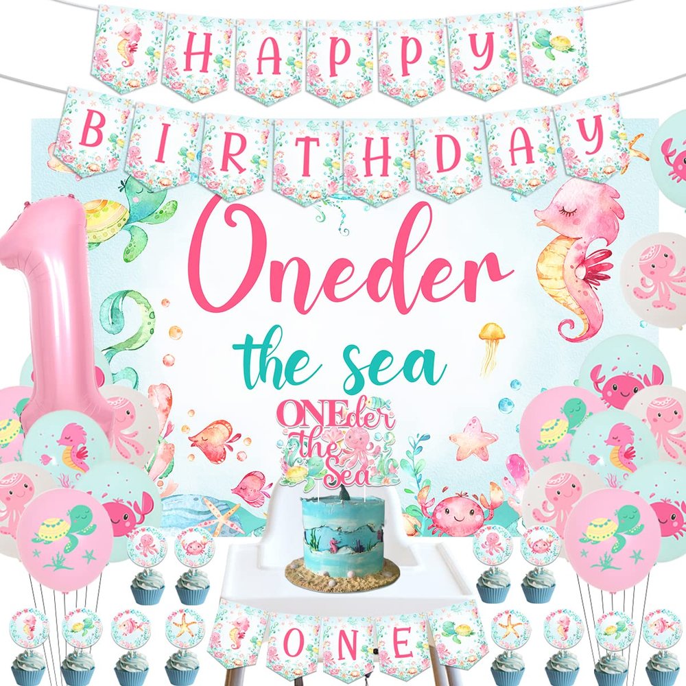 Oneder the Sea 1st Birthday Girl Decorations, Under the Sea Ocean Animal Happy Birthday Backdrop Banner High Chair Banner Cupcake Cake Topper Printed Balloons for One Year Old Girls Party