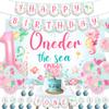 Oneder the Sea 1st Birthday Girl Decorations, Under the Sea Ocean Animal Happy Birthday Backdrop Banner High Chair Banner Cupcake Cake Topper Printed Balloons for One Year Old Girls Party view 1