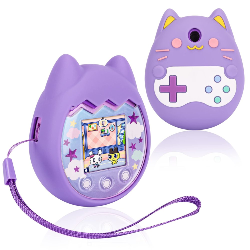 Meetikar Silicone Cover Compatible with Tamagotchi Pix Virtual Pet Game Machine, Tamagotchi Pix Case with Finger Lanyard, Tomagatchie Cover of Virtual Pet Toy (Purple)