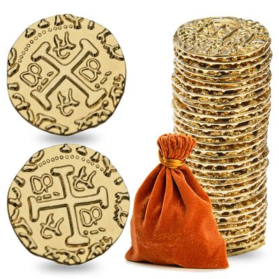 Prefdo Metal Pirate Coins, 35PCS X Large Gold Treasure Coin Set Spanish Doubloon Replicas Fantasy Metal Coins Pirate Gold Coins for Board Games Tokens Pirate Party Cosplay