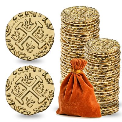 Prefdo Metal Pirate Coins, 50PCS X Large Gold Treasure Coin Set Spanish Doubloon Replicas Fantasy Metal Coins Pirate Gold Coins Tokens for Board Games Pirate Party Cosplay