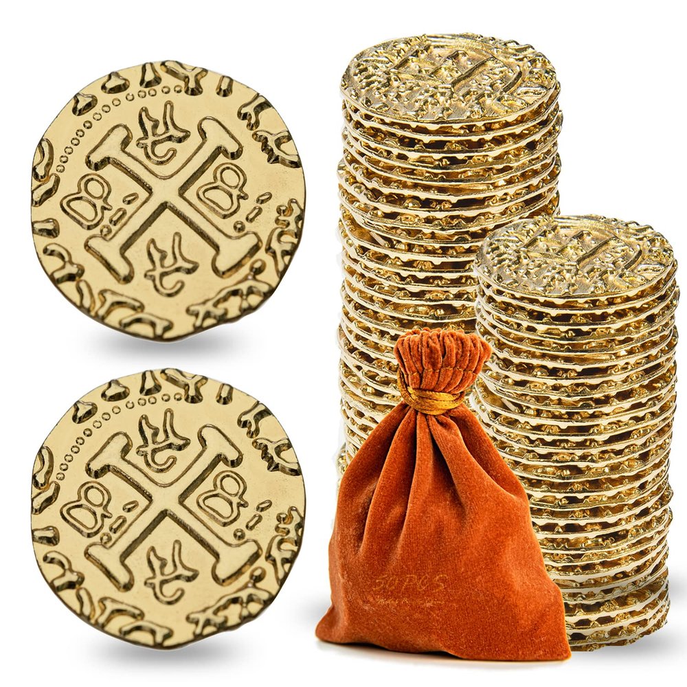 Prefdo Metal Pirate Coins, 50PCS X Large Gold Treasure Coin Set Spanish Doubloon Replicas Fantasy Metal Coins Pirate Gold Coins Tokens for Board Games Pirate Party Cosplay