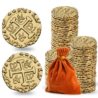 Metal Pirate Coins, Prefdo 100PCS X Large Gold Treasure Coin Set Spanish Doubloon Replicas Fantasy Metal Coins Pirate Gold Coins Tokens for Board Games Pirate Party Cosplay