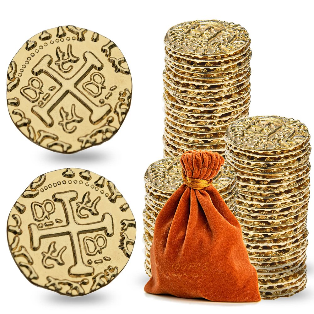 Metal Pirate Coins, Prefdo 100PCS X Large Gold Treasure Coin Set Spanish Doubloon Replicas Fantasy Metal Coins Pirate Gold Coins Tokens for Board Games Pirate Party Cosplay