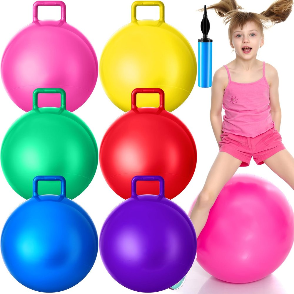 Lewtemi 6 Pcs Hopper Ball Carnival Outdoor Games 20 Inch Jumping Hopping Inflatable Bouncing Ball with Handle and Air Pump for Sport Exercise (Red, Blue, Green, Pink, Yellow, Purple)
