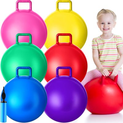 Lewtemi 6 Pcs Hopper Ball Carnival Outdoor Games 18 Inch Jumping Hopping Inflatable Bouncing Ball with Handle and Air Pump for Sport Exercise (Red, Blue, Green, Pink, Yellow, Purple)