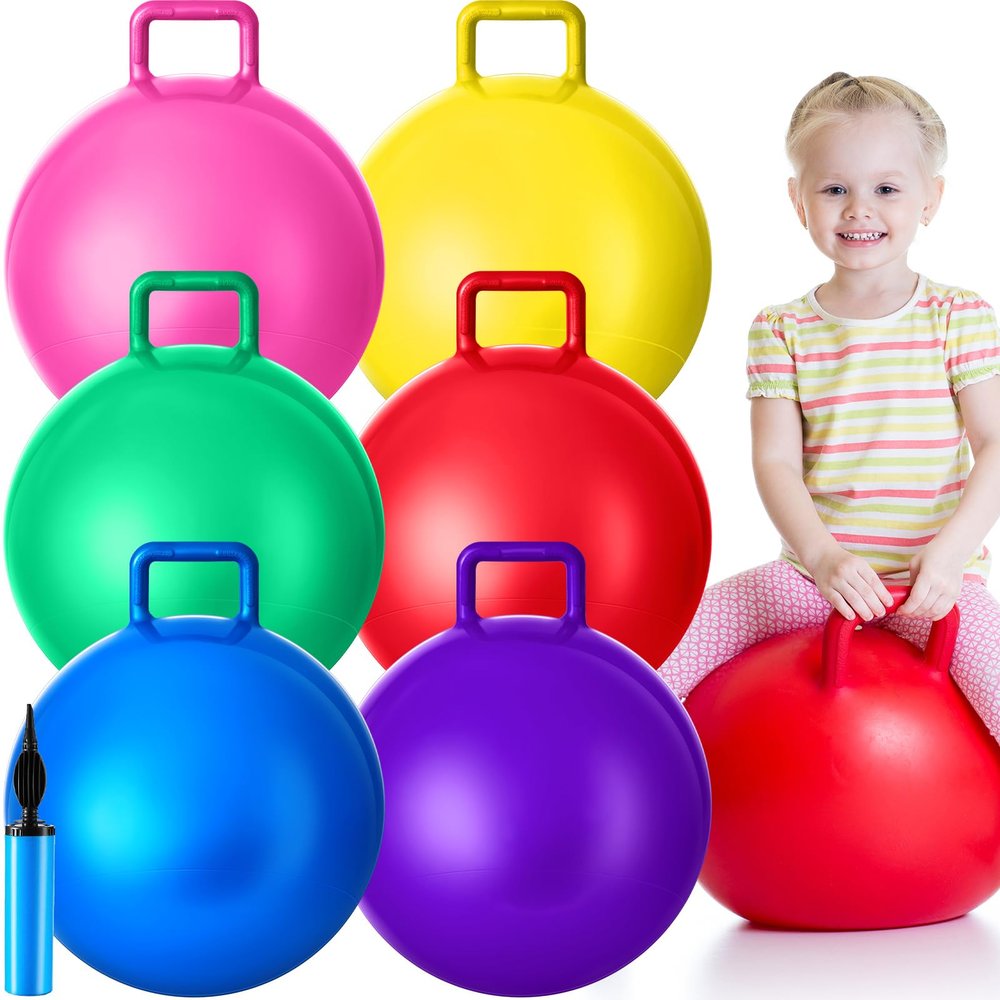 Lewtemi 6 Pcs Hopper Ball Carnival Outdoor Games 18 Inch Jumping Hopping Inflatable Bouncing Ball with Handle and Air Pump for Sport Exercise (Red, Blue, Green, Pink, Yellow, Purple)