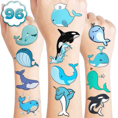 8 Sheets (96PCS) Whale & Narwhal Temporary Tattoos Ocean Animal Birthday Party Favors, Under the Sea Theme Decor, Cute Stickers for Kids, School Rewards, Gift Supplies