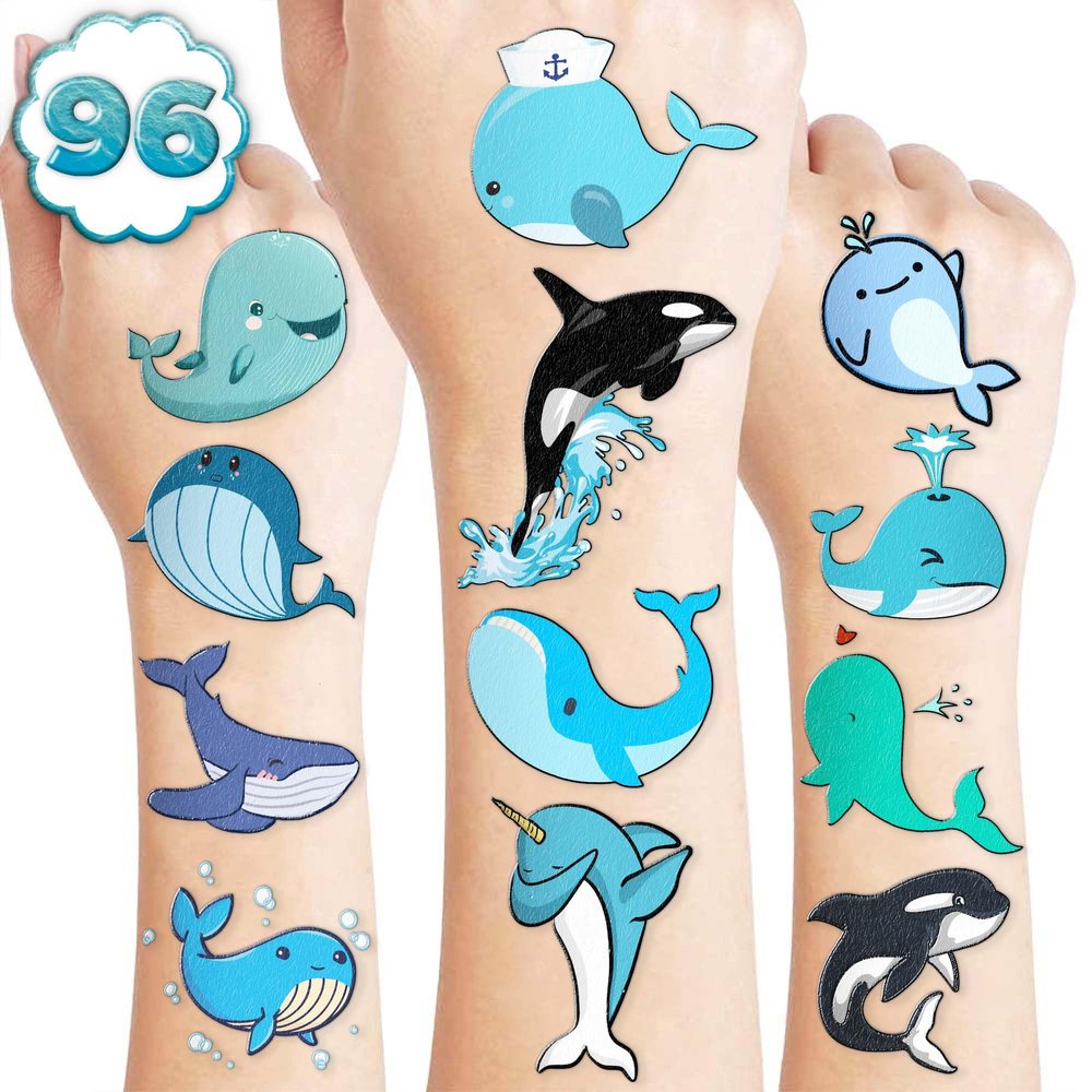 8 Sheets (96PCS) Whale & Narwhal Temporary Tattoos Ocean Animal Birthday Party Favors, Under the Sea Theme Decor, Cute Stickers for Kids, School Rewards, Gift Supplies