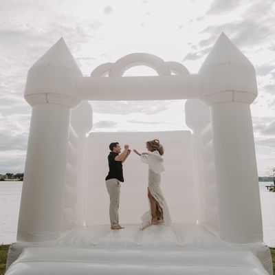 White Inflatable Bounce House - 13 x 12 x 14.5 Foot - Big Inflatable Bouncer Castle Unit for Weddings - Outdoor Party Bounce House with Blower, Stakes, & Storage Bag