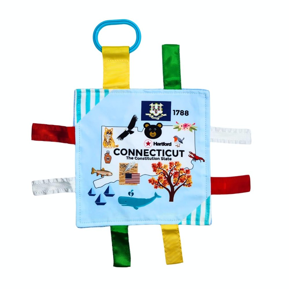 Baby Jack & Co 8x8 Learning Lovey Connecticut State Tag Stroller Toy for Babies - Crinkle Toys for Developing Five Senses - Learn About Capitals - Travel with Baby Jack - BPA Free Clip