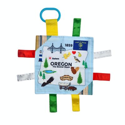Baby Jack & Co 8x8 Learning Lovey Oregon State Tag Stroller Toy for Babies - Crinkle Toys for Developing Five Senses - Learn About Capitals - Travel with Baby Jack - BPA Free Clip
