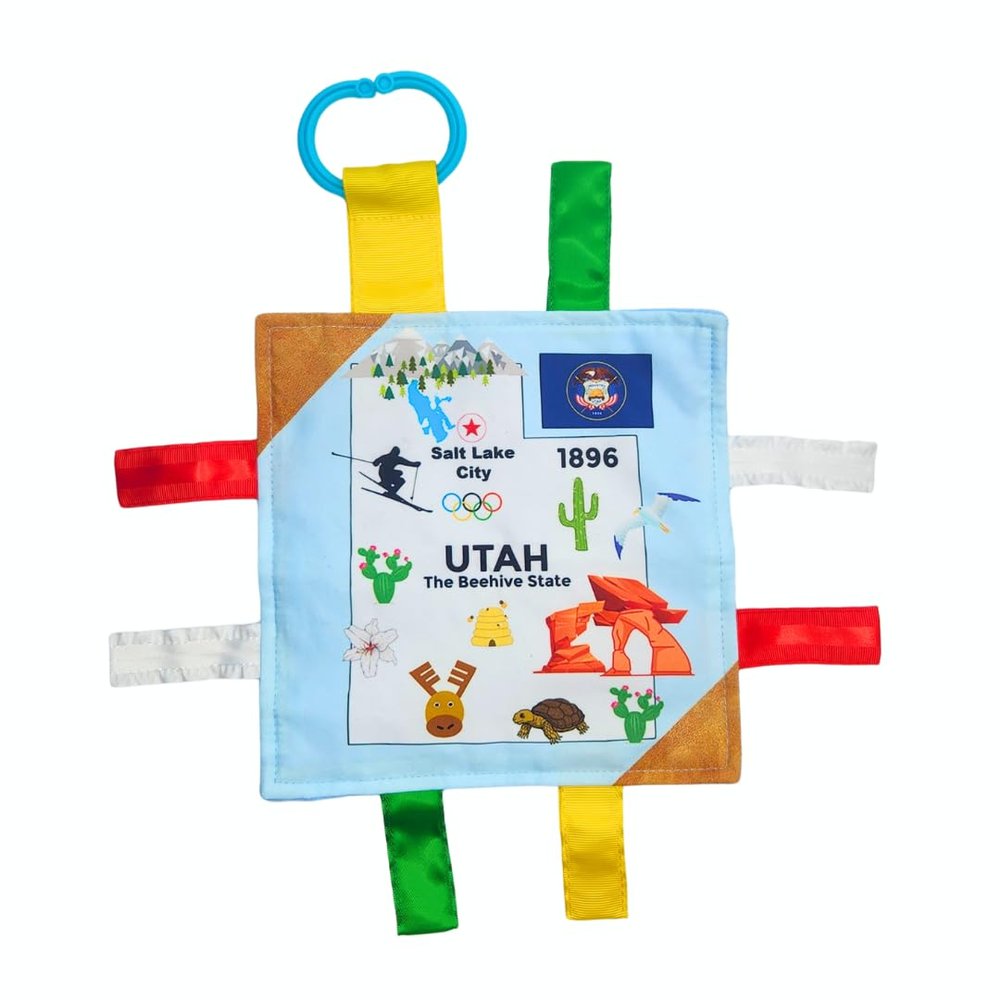Baby Jack & Co 8x8 Learning Lovey Utah State Tag Stroller Toy for Babies - Crinkle Toys for Developing Five Senses - Learn About Capitals - Travel with Baby Jack - BPA Free Clip